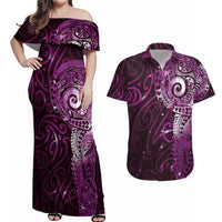 Matariki New Zealand Maori Koru Art Tattoo Couples Matching Off Shoulder Maxi Dress and Hawaiian Shirt New Year Galaxy Pink Sky Style LT03 Pink - Polynesian Pride