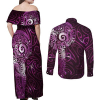 Matariki New Zealand Maori Koru Art Tattoo Couples Matching Off Shoulder Maxi Dress and Long Sleeve Button Shirt New Year Galaxy Pink Sky Style LT03 - Polynesian Pride