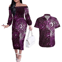 Matariki New Zealand Maori Koru Art Tattoo Couples Matching Off The Shoulder Long Sleeve Dress and Hawaiian Shirt New Year Galaxy Pink Sky Style LT03 Pink - Polynesian Pride