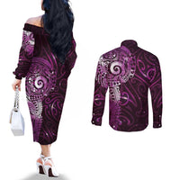 Matariki New Zealand Maori Koru Art Tattoo Couples Matching Off The Shoulder Long Sleeve Dress and Long Sleeve Button Shirt New Year Galaxy Pink Sky Style LT03 - Polynesian Pride
