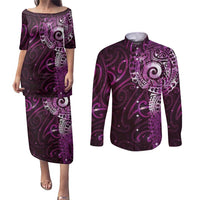 Matariki New Zealand Maori Koru Art Tattoo Couples Matching Puletasi and Long Sleeve Button Shirt New Year Galaxy Pink Sky Style LT03 Pink - Polynesian Pride
