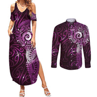 Matariki New Zealand Maori Koru Art Tattoo Couples Matching Summer Maxi Dress and Long Sleeve Button Shirt New Year Galaxy Pink Sky Style LT03 Pink - Polynesian Pride
