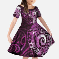 Matariki New Zealand Maori Koru Art Tattoo Family Matching Off Shoulder Maxi Dress and Hawaiian Shirt New Year Galaxy Pink Sky Style LT03 Daughter's Dress Pink - Polynesian Pride