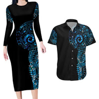 New Zealand Maori Koru Art Traditional Tattoo Couples Matching Long Sleeve Bodycon Dress and Hawaiian Shirt Paua Shell LT03 Black - Polynesian Pride