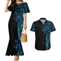 New Zealand Maori Koru Art Traditional Tattoo Couples Matching Mermaid Dress and Hawaiian Shirt Paua Shell LT03 Black - Polynesian Pride