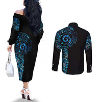 New Zealand Maori Koru Art Traditional Tattoo Couples Matching Off The Shoulder Long Sleeve Dress and Long Sleeve Button Shirt Paua Shell LT03 - Polynesian Pride