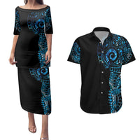 New Zealand Maori Koru Art Traditional Tattoo Couples Matching Puletasi and Hawaiian Shirt Paua Shell LT03 Black - Polynesian Pride