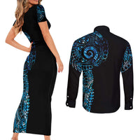 New Zealand Maori Koru Art Traditional Tattoo Couples Matching Short Sleeve Bodycon Dress and Long Sleeve Button Shirt Paua Shell LT03 - Polynesian Pride