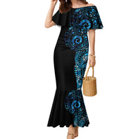 New Zealand Maori Koru Art Traditional Tattoo Family Matching Mermaid Dress and Hawaiian Shirt Paua Shell LT03 Mom's Dress Black - Polynesian Pride