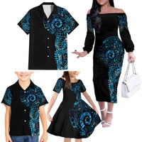 New Zealand Maori Koru Art Traditional Tattoo Family Matching Off The Shoulder Long Sleeve Dress and Hawaiian Shirt Paua Shell LT03 - Polynesian Pride