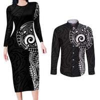New Zealand Maori Koru Art Traditional Tattoo Couples Matching Long Sleeve Bodycon Dress and Long Sleeve Button Shirt Simple Style LT03 Black - Polynesian Pride