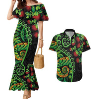 New Zealand Koru Plants and Pohutukawa Couples Matching Mermaid Dress and Hawaiian Shirt Maori Tattoo Pattern LT03 Black - Polynesian Pride