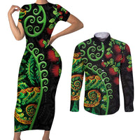 New Zealand Koru Plants and Pohutukawa Couples Matching Short Sleeve Bodycon Dress and Long Sleeve Button Shirt Maori Tattoo Pattern LT03 Black - Polynesian Pride