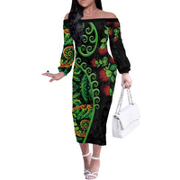 New Zealand Koru Plants and Pohutukawa Family Matching Off The Shoulder Long Sleeve Dress and Hawaiian Shirt Maori Tattoo Pattern LT03 Mom's Dress Black - Polynesian Pride