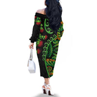 New Zealand Koru Plants and Pohutukawa Family Matching Off The Shoulder Long Sleeve Dress and Hawaiian Shirt Maori Tattoo Pattern LT03 - Polynesian Pride