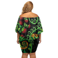 New Zealand Koru Plants and Pohutukawa Family Matching Off Shoulder Short Dress and Hawaiian Shirt Maori Tattoo Pattern LT03 - Polynesian Pride