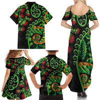 New Zealand Koru Plants and Pohutukawa Family Matching Summer Maxi Dress and Hawaiian Shirt Maori Tattoo Pattern LT03 - Polynesian Pride
