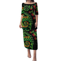 New Zealand Koru Plants and Pohutukawa Puletasi Maori Tattoo Pattern LT03 Long Dress Black - Polynesian Pride