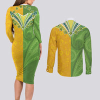 Cook Islands Language Week Couples Matching Long Sleeve Bodycon Dress and Long Sleeve Button Shirt Tatau Pattern and Rarotongan Alphabet - Polynesian Pride