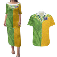 Cook Islands Language Week Couples Matching Puletasi and Hawaiian Shirt Tatau Pattern and Rarotongan Alphabet - Polynesian Pride