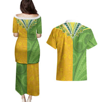 Cook Islands Language Week Couples Matching Puletasi and Hawaiian Shirt Tatau Pattern and Rarotongan Alphabet - Polynesian Pride