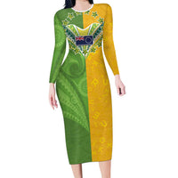 Cook Islands Language Week Family Matching Long Sleeve Bodycon Dress and Hawaiian Shirt Tatau Pattern and Rarotongan Alphabet LT03 Mom's Dress Green - Polynesian Pride