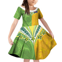 Cook Islands Language Week Family Matching Off Shoulder Short Dress and Hawaiian Shirt Tatau Pattern and Rarotongan Alphabet LT03 Daughter's Dress Green - Polynesian Pride