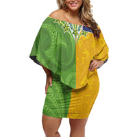 Cook Islands Language Week Family Matching Off Shoulder Short Dress and Hawaiian Shirt Tatau Pattern and Rarotongan Alphabet LT03 Mom's Dress Green - Polynesian Pride
