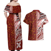 Tonga Language Week Couples Matching Off Shoulder Maxi Dress and Hawaiian Shirt Ngatu Pattern and Tongan Alphabet LT03 - Polynesian Pride