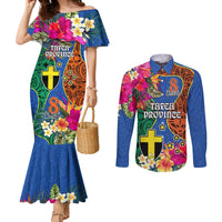 Personalised Tafea Day Couples Matching Mermaid Dress and Long Sleeve Button Shirts Proud To Be A Ni-Van Beauty Pacific Flower LT03 Blue - Polynesian Pride