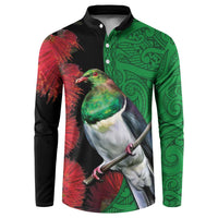New Zealand Kereru And Pohutukawa Button Sweatshirt Maori Tribal Tattoo LT03 Black - Polynesian Pride
