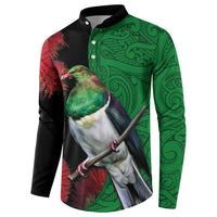 New Zealand Kereru And Pohutukawa Button Sweatshirt Maori Tribal Tattoo LT03 - Polynesian Pride