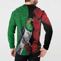 New Zealand Kereru And Pohutukawa Button Sweatshirt Maori Tribal Tattoo LT03 - Polynesian Pride