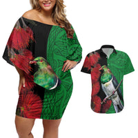 New Zealand Kereru And Pohutukawa Couples Matching Off Shoulder Short Dress and Hawaiian Shirt Maori Tribal Tattoo LT03 Black - Polynesian Pride