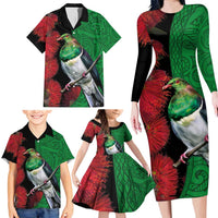 New Zealand Kereru And Pohutukawa Family Matching Long Sleeve Bodycon Dress and Hawaiian Shirt Maori Tribal Tattoo LT03 - Polynesian Pride