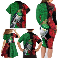 New Zealand Kereru And Pohutukawa Family Matching Long Sleeve Bodycon Dress and Hawaiian Shirt Maori Tribal Tattoo LT03 - Polynesian Pride