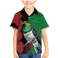New Zealand Kereru And Pohutukawa Family Matching Mermaid Dress and Hawaiian Shirt Maori Tribal Tattoo LT03 Son's Shirt Black - Polynesian Pride