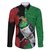 New Zealand Kereru And Pohutukawa Family Matching Off Shoulder Maxi Dress and Hawaiian Shirt Maori Tribal Tattoo LT03 Dad's Shirt - Long Sleeve Black - Polynesian Pride