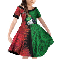 New Zealand Kereru And Pohutukawa Family Matching Off Shoulder Short Dress and Hawaiian Shirt Maori Tribal Tattoo LT03 Daughter's Dress Black - Polynesian Pride