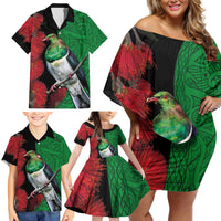 New Zealand Kereru And Pohutukawa Family Matching Off Shoulder Short Dress and Hawaiian Shirt Maori Tribal Tattoo LT03 - Polynesian Pride