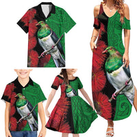 New Zealand Kereru And Pohutukawa Family Matching Summer Maxi Dress and Hawaiian Shirt Maori Tribal Tattoo LT03 - Polynesian Pride