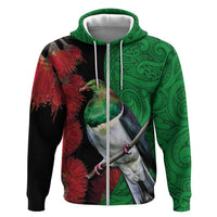 New Zealand Kereru And Pohutukawa Hoodie Maori Tribal Tattoo LT03 Zip Hoodie Black - Polynesian Pride
