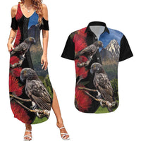 New Zealand Kea And Pohutukawa Couples Matching Summer Maxi Dress and Hawaiian Shirt With The Mountain Landscape LT03 Black - Polynesian Pride