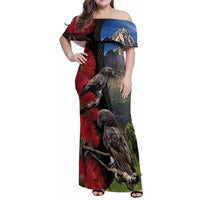New Zealand Kea And Pohutukawa Family Matching Off Shoulder Maxi Dress and Hawaiian Shirt With The Mountain Landscape LT03 Mom's Dress Black - Polynesian Pride