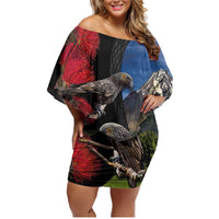 New Zealand Kea And Pohutukawa Family Matching Off Shoulder Short Dress and Hawaiian Shirt With The Mountain Landscape LT03 Mom's Dress Black - Polynesian Pride
