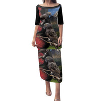 New Zealand Kea And Pohutukawa Family Matching Puletasi and Hawaiian Shirt With The Mountain Landscape LT03 Mom's Dress Black - Polynesian Pride