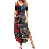 New Zealand Kea And Pohutukawa Family Matching Summer Maxi Dress and Hawaiian Shirt With The Mountain Landscape LT03 Mom's Dress Black - Polynesian Pride