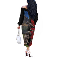 New Zealand Kea And Pohutukawa Off The Shoulder Long Sleeve Dress With The Mountain Landscape LT03 - Polynesian Pride