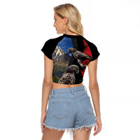 New Zealand Kea And Pohutukawa Raglan Cropped T Shirt With The Mountain Landscape