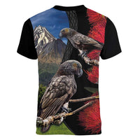 New Zealand Kea And Pohutukawa Women V-Neck T-Shirt With The Mountain Landscape